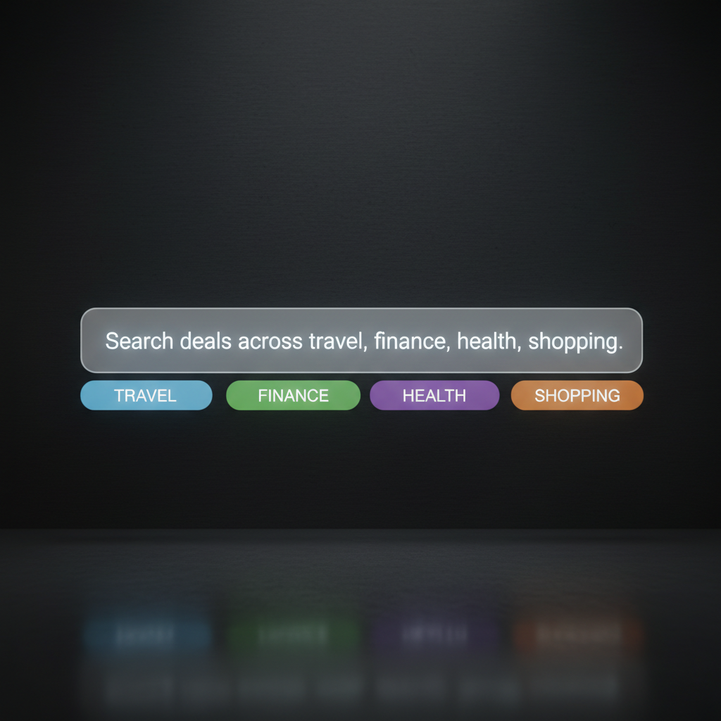 A large, floating digital search bar rendered in photographic realism, stretching horizontally across the center of a dark, subtly textured background. Inside the bar, softly glowing placeholder text reads “Search deals across travel, finance, health, shopping.” Beneath it, neatly aligned pill-shaped category tags in distinct colors indicate each vertical. The search bar emits a cool white glow that gently illuminates the surrounding area, casting faint reflections on an implied glass surface below. The mood is professional and futuristic yet inviting, with soft studio-style lighting and a vignette around the edges. Composed straight-on at eye level, with the search bar sharply in focus and the background tastefully blurred, creating a clean, modern hero image suitable for a scalable affiliate platform.
