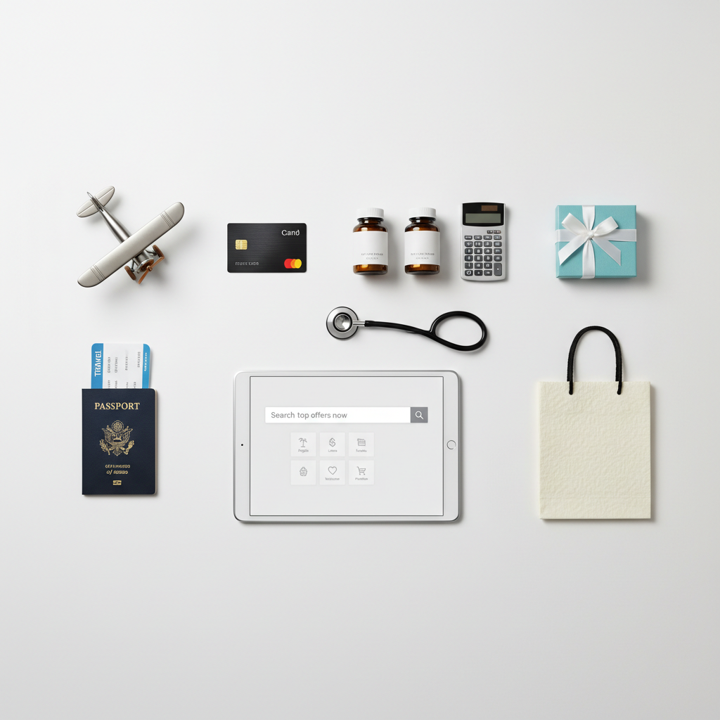 A meticulously arranged flat lay in photographic realism of four distinct verticals represented by objects on a matte white background: a small model airplane and passport for travel, a sleek credit card and calculator for finance, neatly arranged vitamin bottles and a stethoscope for health, and an elegant shopping bag with a gift box for retail. At the center, a slim tablet displays a clean interface with a prominent search bar reading “Search top offers now,” and a grid of deals underneath. Soft, even studio lighting eliminates harsh shadows, creating a polished, professional look. Shot directly from above for perfect symmetry and clarity, the composition feels organized and trustworthy, visually connecting the different categories that users can explore and click through on the affiliate site.