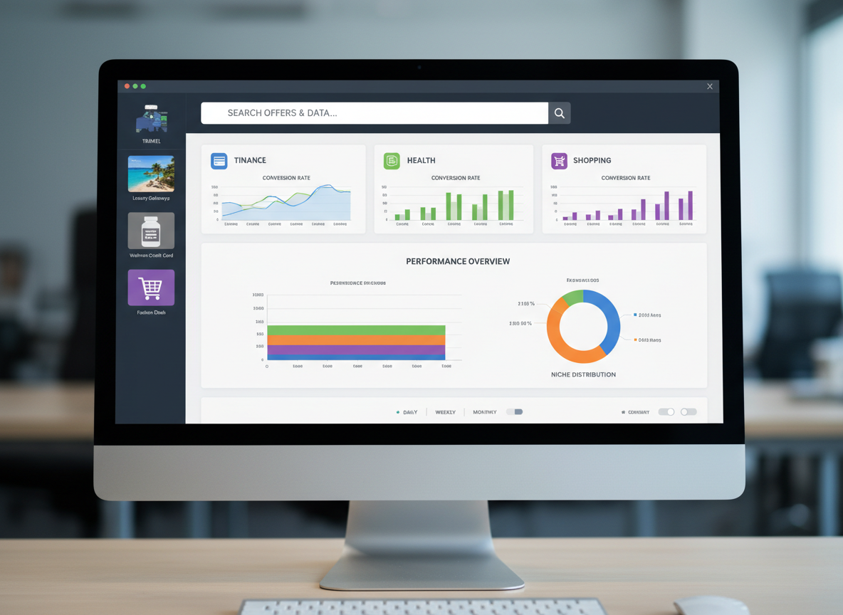 A close-up, photographic realism shot of a high-resolution computer screen displaying a sophisticated analytics dashboard for an affiliate website. The interface showcases charts, conversion graphs, and performance metrics for travel, finance, health, and shopping offers, with a bold search bar anchored across the top of the screen. Color-coded lines and bar charts are clearly labeled, with small offer thumbnails in a sidebar. The monitor’s black bezel frames the scene, positioned on a minimalist desk with just a slim keyboard visible at the bottom edge. Soft, cool-toned office lighting reflects gently off the screen without glare, emphasizing clarity. Shot straight-on with sharp focus throughout, the mood is professional, data-centric, and strategic, conveying optimization, scalability, and control over diverse affiliate campaigns.