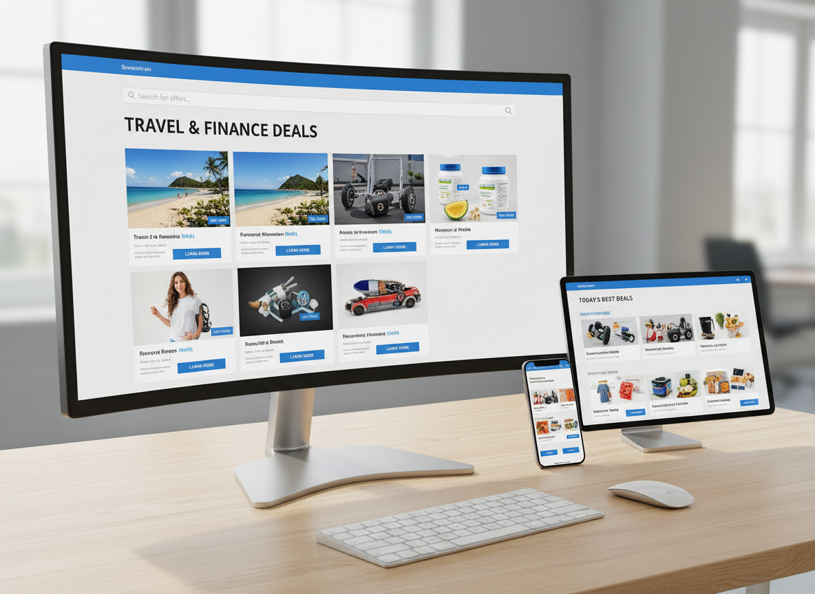 An ultra-organized multi-device workspace in photographic realism featuring a widescreen monitor, a tablet, and a smartphone, each displaying different affiliate offer categories: the monitor shows a grid of travel and finance deals, the tablet highlights health offers, and the phone presents shopping discounts. All interfaces share a consistent, professional design with a prominent search bar at the top and clear call-to-action buttons. The devices sit on a light oak desk with a slim keyboard and wireless mouse, against a softly blurred office backdrop. Neutral daylight from the left creates gentle highlights on screens and metallic edges, with subtle reflections on the desk surface. Captured from a slightly elevated angle using the rule of thirds, the composition feels scalable, data-driven, and trustworthy, emphasizing cross-device accessibility of offers.